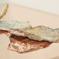 Caput Mortuum II (Bread), detail view approx. 10” x 8” oil paint on aluminum foil, old bread, polished copper shelf 2012